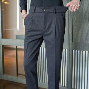腰部可拉伸~高级感加厚毛呢西裤商务西裤条纹休闲裤黑色XK711-P78图片