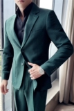 高级感华夫格帅气西服两件套男质感休闲西装套装绿色LJT918-P205，男装西服套装，电商A213