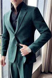 高级感华夫格帅气西服两件套男质感休闲西装套装绿色LJT918-P205图片