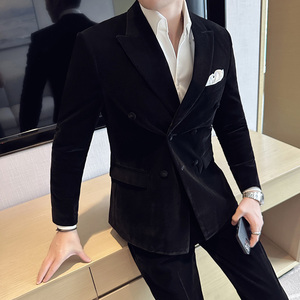 帅气戗驳领双排扣男礼服丝绒西装外套结婚西服上衣DX947-P158图片