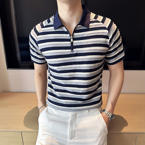 凹凸设计条纹拼接撞色男士商务休闲Polo衫翻领短袖T恤PL2427-P58图片