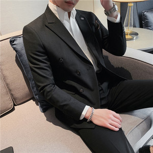 高品质条纹双排扣西装男上衣修身休闲西服外套单西中灰DX112-P155图片
