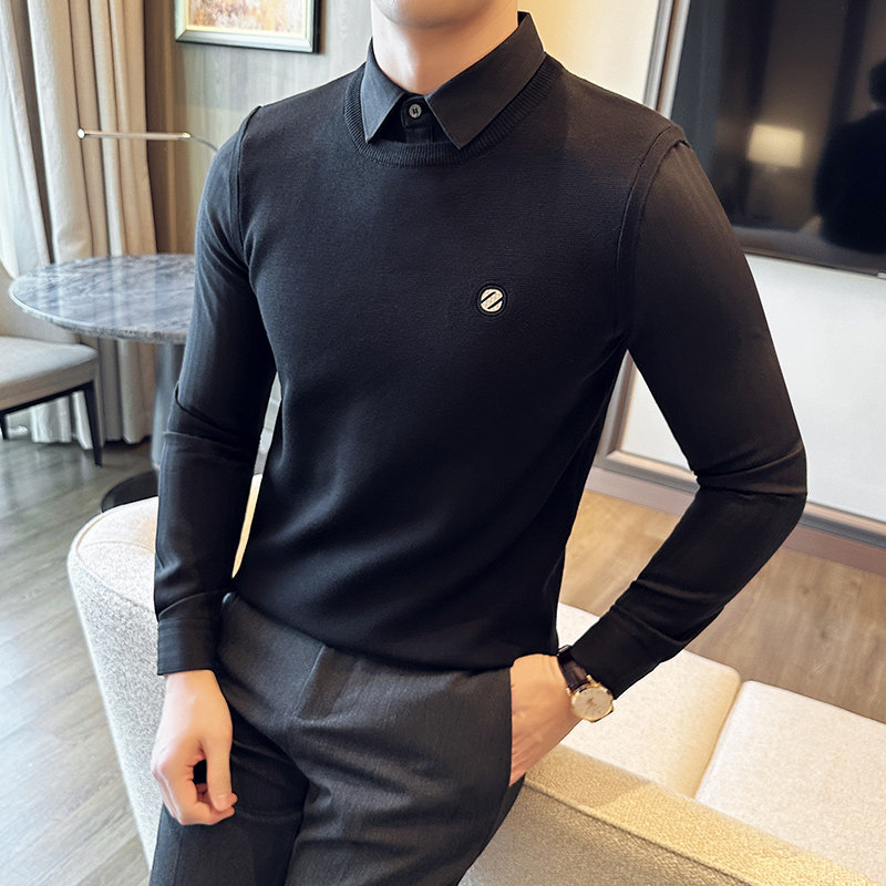 男毛衣休闲商务假两件针织衫高级感条纹衬衫领卡其色M9508-P98,男装针织衫/毛衣,电商A213