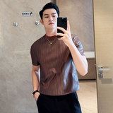 时尚设计款涂层皮面质感闪亮条纹短袖T恤男圆领打底黑色TF103-P42，男装T恤，电商A213