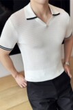 伊力特撞色~冰丝薄款小V领针织短袖Polo衫男T恤白色PL8933-P73，男装T恤，电商A213