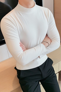 秋冬纯色半高领加厚长袖t恤男修身双面绒打底体恤白色CT1540/P40图片