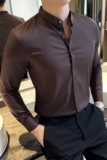 高品质暗条纹立领衬衫免烫商务圆领衬衣男长袖咖啡色C6641-P63，男装衬衫，电商A213