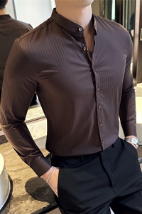 高品质暗条纹立领衬衫免烫商务圆领衬衣男长袖咖啡色C6641-P63图片