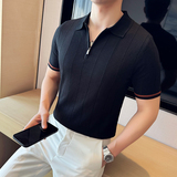 半拉链坑条~薄款冰丝条纹针织短袖Polo衫翻领T恤黑色PL8902-P63，男装T恤，电商A213