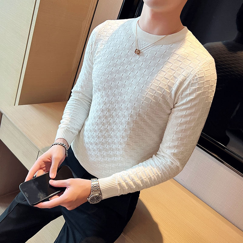 弹力提花编织冬季圆领毛衣男套头修身华夫格针织衫桔色M9342-P57,男装针织衫/毛衣,电商A213