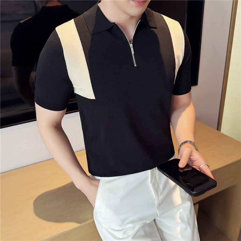 夏季薄款冰丝凉感拼色针织短袖T恤半拉链翻领Polo衫男JQ3706-P67,男装Polo衫,电商A213