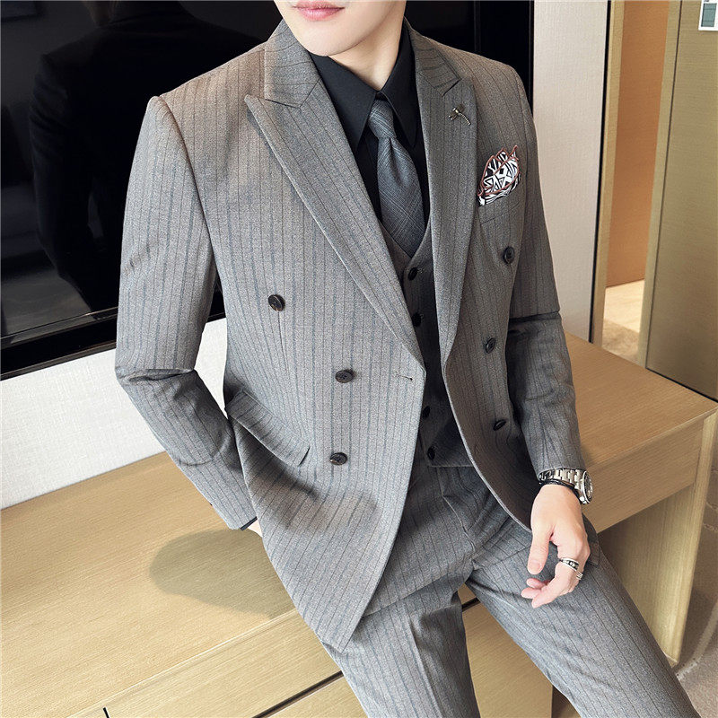 新郎西服套装条纹双排扣戗驳领西装三件套男咖啡色SJT6852-P275图片