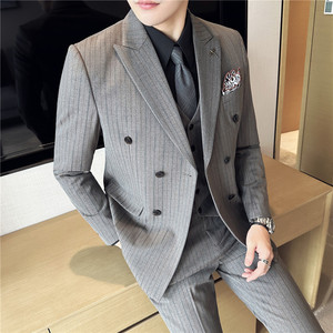新郎西服套装条纹双排扣戗驳领西装三件套男灰色SJT6852-P275图片