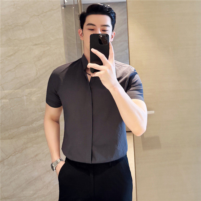 夏季冰丝薄款立领衬衫男短袖透气泡泡纱轻薄短袖衬衣C6512-P53图片