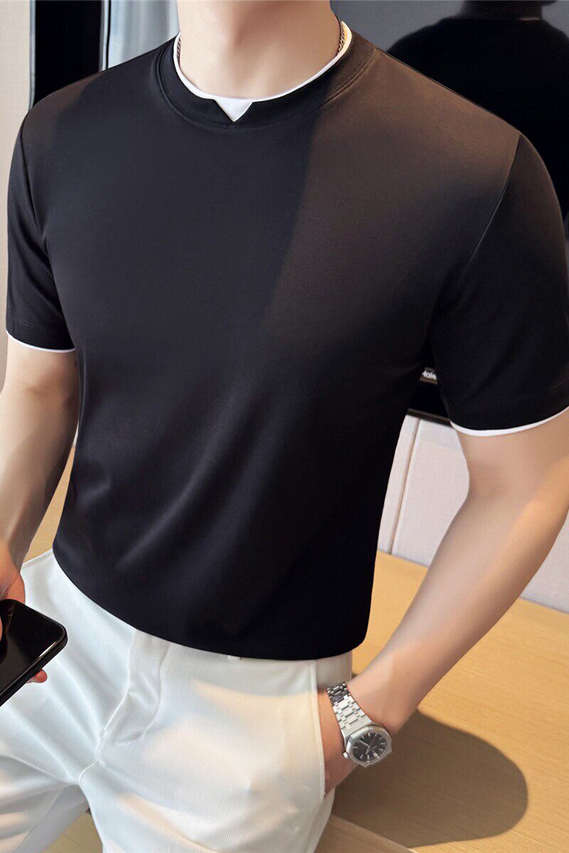 夏季薄款液氨棉时尚假两件短袖T恤男亲肤凉感撞色打底衫T2823-P57图片
