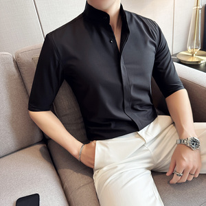 暗门襟立领衬衫男中袖圆领衬衣弹力垂感衬衣黑色C2351-P58图片