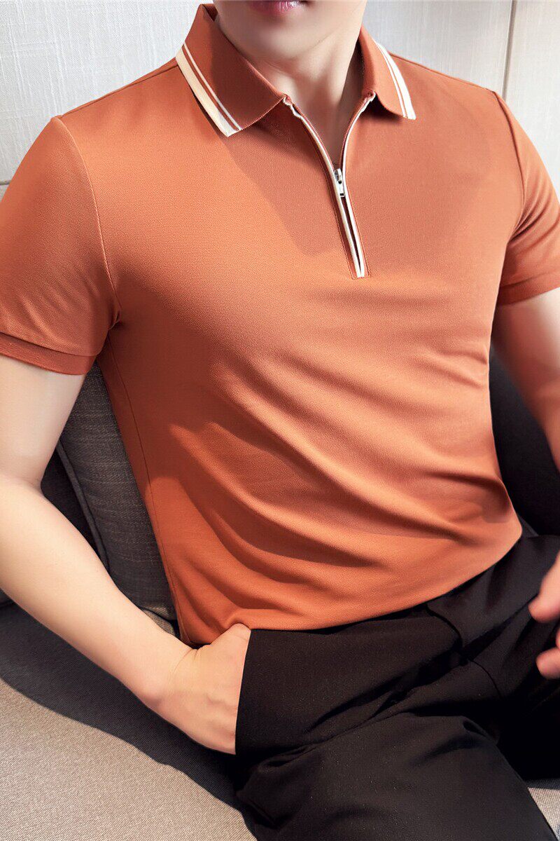 新疆长绒棉液氨科技~半拉链撞色polo衫短袖t恤男火砖红PL2257-P57,男装Polo衫,电商A213