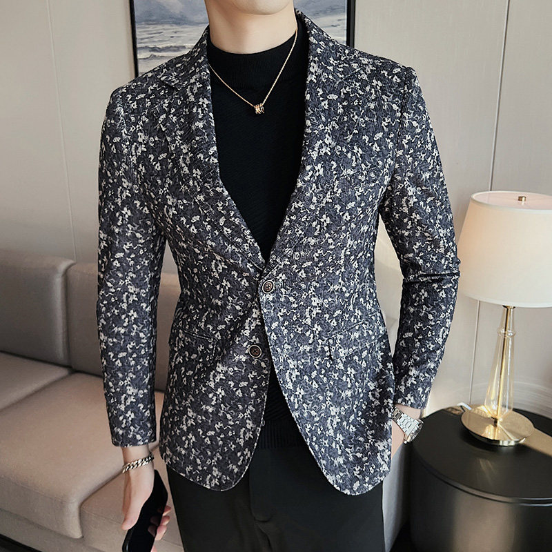 高级感花色西服外套男时尚印花西装厚款单西上衣卡其色DX920-P155,男装西服套装,电商A213