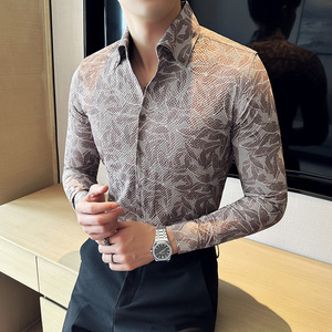 高品质泡泡纱弹力舒适面料V领衬衫男大领长袖花衬衣绿色C6631-P73图片