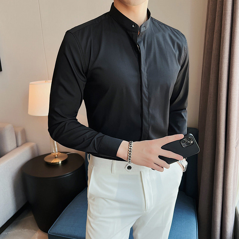 高级感立领衬衫男长袖修身圆领衬衣西装内搭衬衣黑色CXT18-P63,男装西服套装,电商A213