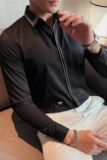 货足秋装新款刺绣条纹长袖衬衫男韩版修身男士衬衣黑色C6699-P60，男装衬衫，电商A213
