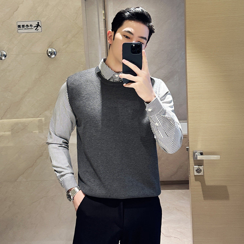 秋冬时尚条纹衬衫领男毛衣商务假两件针织衫高级感灰色M6805-P88,男装针织衫/毛衣,电商A213