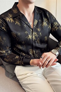 个性褶皱面料柔顺垂感长袖衬衫古巴领花衬衣男大翻领C2632-P58图片