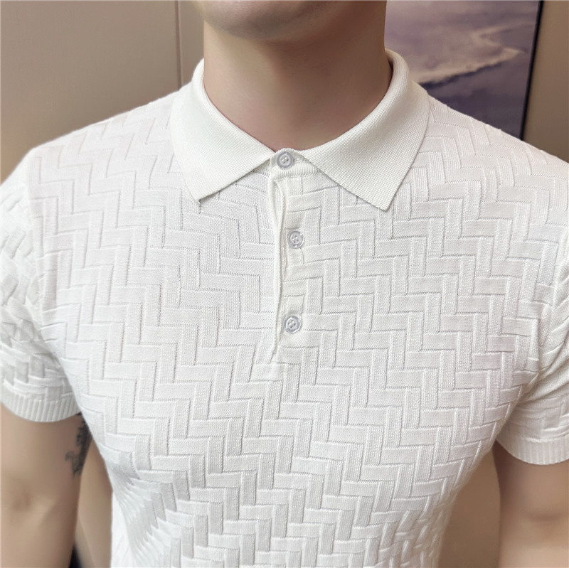 夏季冰丝薄款格纹针织翻领短袖男T恤修身Polo衫灰色PL97131-P63,男装T恤,电商A213