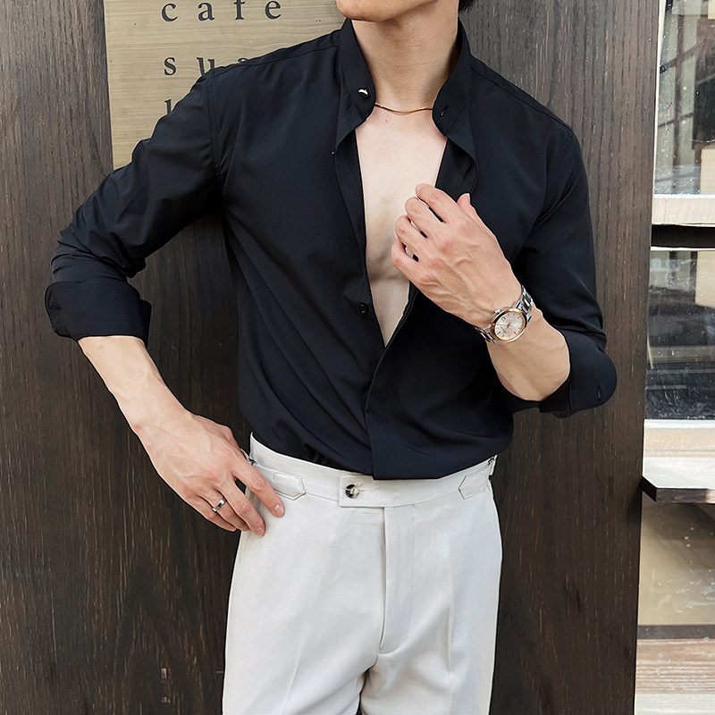 2025夏装清凉透气面料暗条纹立领弹力垂感衬衫男灰色C2361-P58,男装衬衫,电商A213
