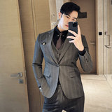 高级感色织格纹西服新郎结婚礼服格子西装三件套灰色SJT8033-P285，男装西服套装，电商A213