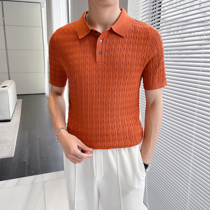 轻熟风~提花针织短袖T恤修身短袖Polo衫翻领tee白色PL9781-P68,男装T恤,电商A213