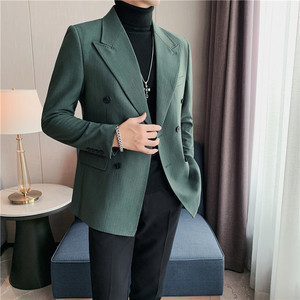 加厚条纹双排扣西服外套男休闲潮流商务西装修身上衣蓝DX36-P155图片
