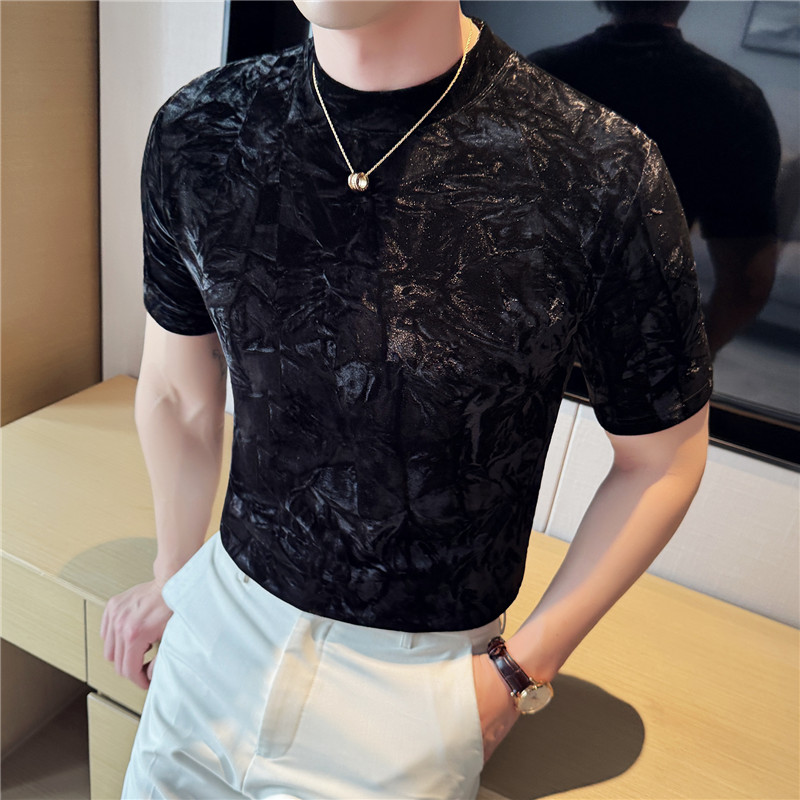 褶皱金丝绒小圆领短袖T恤男弹力半高领打底衫修身黑色DT099-P37特图片