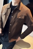 质感暗条纹皮质夹克男修身翻领短款纯色外套咖啡色JK233-P138，男装夹克，电商A213