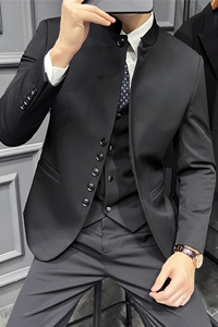 新中式立领西装三件套男高级感修身纽扣装饰西服套装SJT119-P258图片