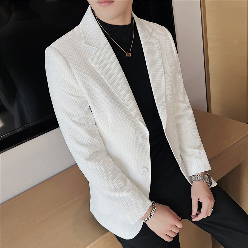 时尚华夫格两粒单排扣帅气西服男质感休闲西装外套白色DX918-P138图片