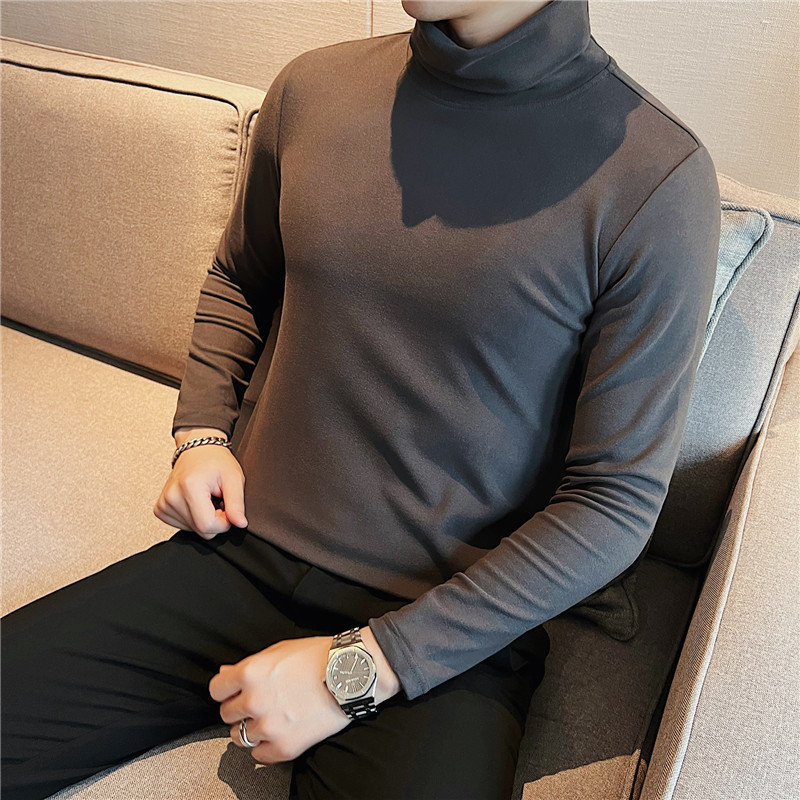 高领加厚德绒长袖t恤男修身双面绒翻领打底体恤衫深灰色TU258-P35图片