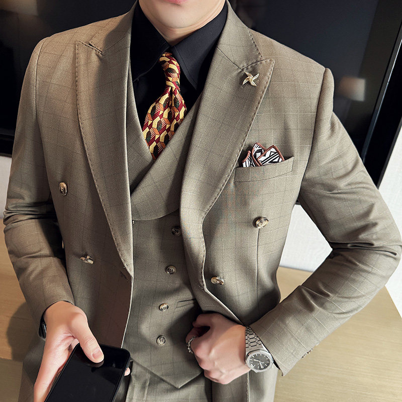 高级感戗驳领双排扣格子新郎结婚礼服西装三件套SJT9010-P265图片