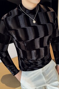 渐变条纹金丝绒中领长袖T恤男弹力半高领打底衫修身黑色CT096-P43图片