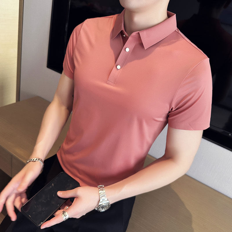 英伦风~纯色高弹冰丝翻领无痕T恤男士短袖POLO衫橘红色PL02-P50,男装T恤,电商A213