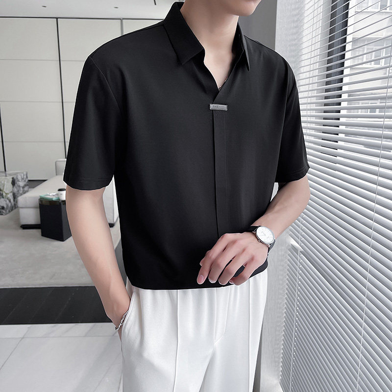 高弹性感V领短袖POLO衫男高级感冰丝无痕翻领T恤黑色T2411-P63,男装T恤,电商A213