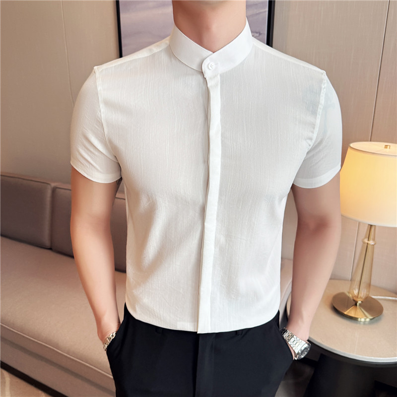 新中式立领衬衫冰丝透气褶皱肌理纹细条纹短袖衬衫白色C1015-P58，男装衬衫，电商A213