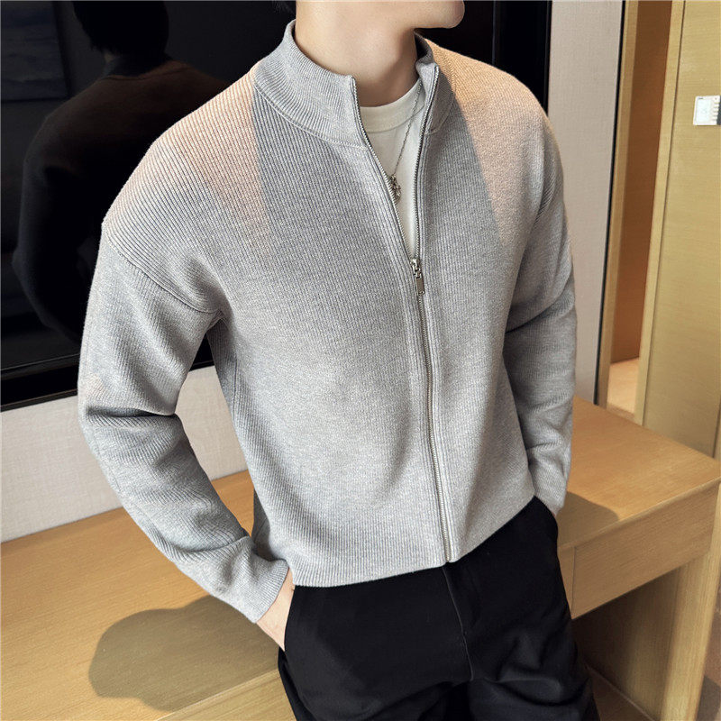 高级感秋冬加厚毛衣外套男修身立领拉链针织开衫浅杏色M6628-P88,男装针织衫/毛衣,电商A213