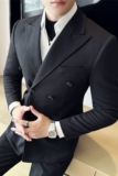 双排扣戗驳领男士毛呢休闲西服外套妮子加厚上衣黑色DX8809-P155，男装西服，电商A213