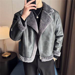 冬季加厚棉衣皮毛一体棉服皮外套西装领斜拉链皮夹克P23100-P268图片