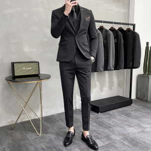 刺绣条纹西装男套装韩版修身商务西服三件套休闲深灰SJT107/P255图片