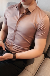 夏季薄款冰丝短袖衬衫男纯色暗门襟修身短袖衬衫DC6637-P50图片