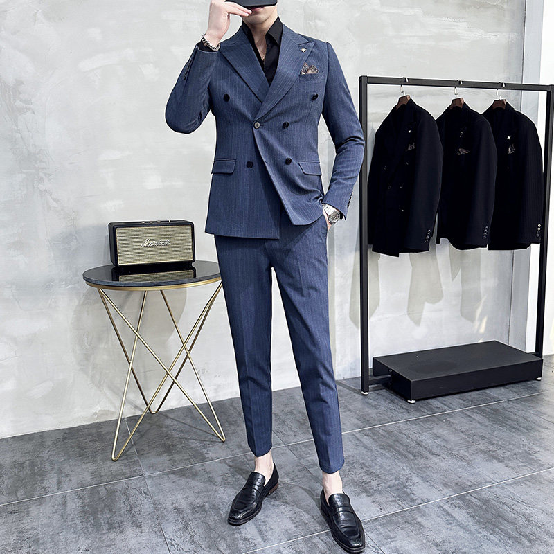 质感戗驳领双排扣西服套装修身高级感条纹西装藏青色LJT152-P230，男装西服套装，电商A213