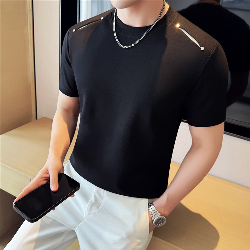 夏季亲肤凉感短袖T恤肩部拼接装饰设计感圆领时尚男白色T7539-P47，男装T恤，电商A213