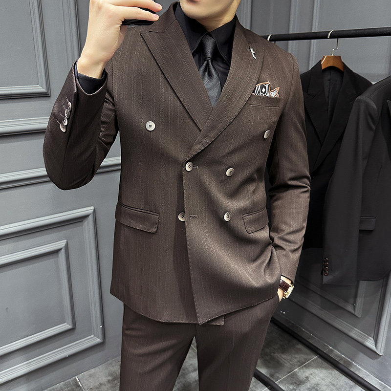 高级感色织西服戗驳领双排扣条纹西装三件套男深灰色SJT8020-P275,男装西服套装,电商A213